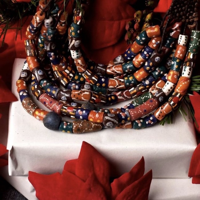 Plaited leather & glass bead necklace. Mali