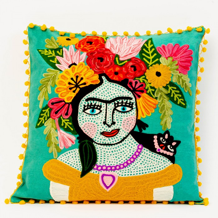 Teal Frida Kahlo Cushion